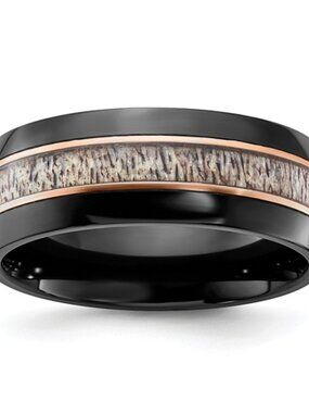 Chisel Black Zirconium Ring 8mm Band Rose Gold Accents & Real Antler Inlay